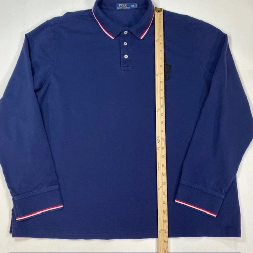 Polo Ralph Lauren Mens XXL Navy Blue Big Pony Long Sleeve Polo Tipped Trim - Picture 4 of 10
